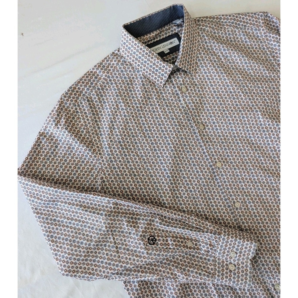 John Lennon Mens Button Up Shirt  Brown Geometric Peace Sign L/S Men's XL EUC